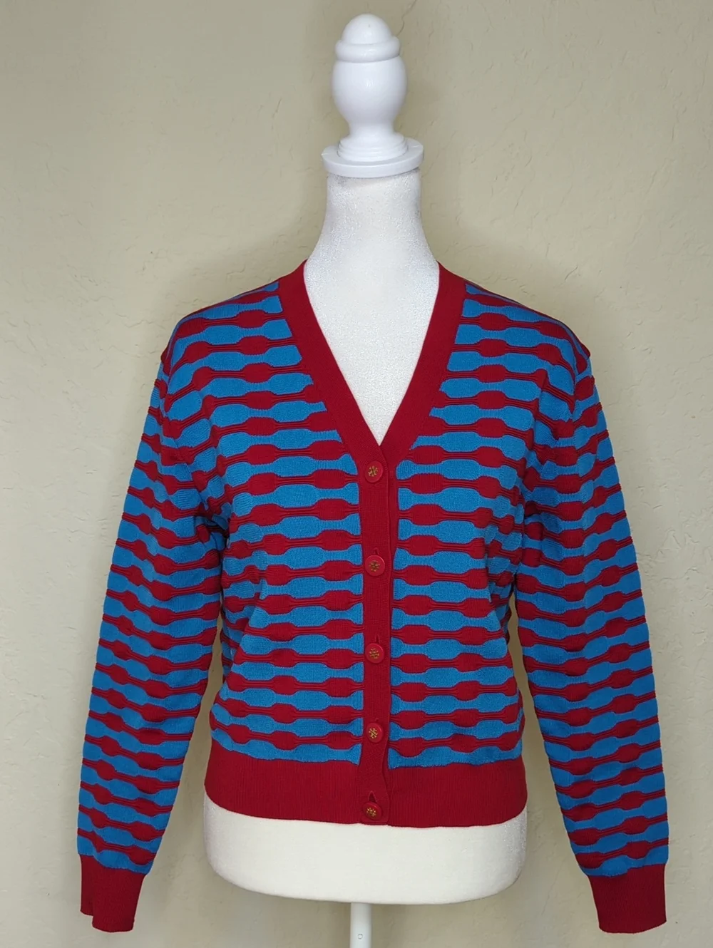 LIKE NEW Tory Burch Red & Blue Bubble Stripe Long Sleeve Cardigan Size XS